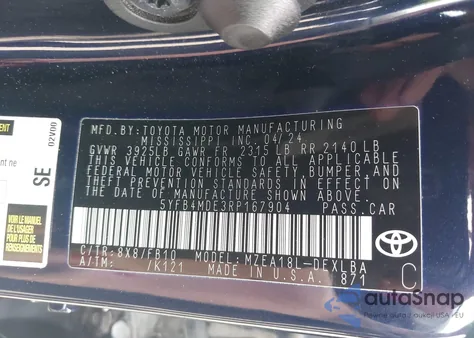 2024 Toyota Corolla Le из США, поврежденный, VIN 5YFB4MDE3RP167904